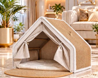 Solid Wood Cat House Bed Cave with Sisal Scratching Mat & Curtains