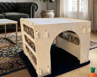 Bunny House Hideout Wooden Rabbit Shelter – Large Indoor Tunnel Bed with Hay Feeder