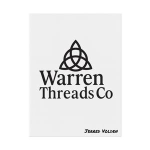 Może przedstawiać: Biała karta z czarnym tekstem i czarnym symbolem węzła celtyckiego. Słowa "Warren Threads Co" są wyraźnie wyświetlane. Nazwisko "JERRED VOLDEN" jest wydrukowane na dole.