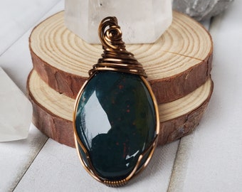 Bloodstone Necklace, Spring Jewelry, Dark Green Handmade Wire Wrap Bloodstone Pendant, Mothers Day Gift, Unique Handmade Gifts for Her
