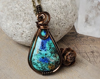 Azurite Wire Pendant, Blue Azurite Stone Pendant for Him or Her, Spring Jewelry Gift, Mothers Day Gift Ideas, Hippie Wire Wrap Pendant Gift