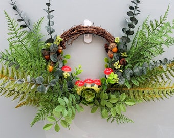 Mushroom Woodland Wreath, Small Spring Wreath with Ferns and Moss, Mothers Day Gift Ideas, Fairy Woodsy Wall Wreath, Handmade Gift for Her