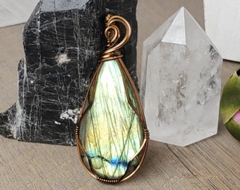Labradorite Necklace, Teardrop Golden Labradorite Necklace for Her, Unique Birthday Gift, Mothers Day Jewelry Gift Idea, Brass Wire Wrap