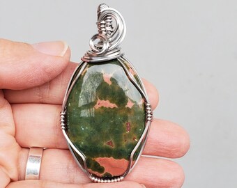 Ocean Jasper Pendant, Spring Jewelry, Unique Ocean Jasper, Green Ocean Jasper Pendant for Mothers Day, Wire Wrapped Ocean Jasper Pendant