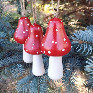 Hand-Painted Wood Mushroom Christmas Ornaments: Cottagecore Holiday Decor, Set of 3