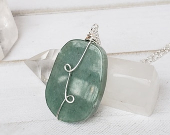 Green Aventurine Stone Pendant, Silver Spiral Wire Wrapped Necklace