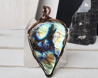 Large Labradorite Pendant, Spring Jewelry, Colorful Labradorite Wire Wrapping, Huge Crystal Jewelry, Unique Teardrop Wire Wrapping Pendant,