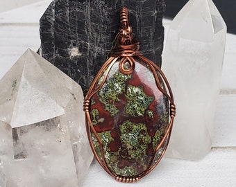 Dragon Bloodstone Pendant, Wire Wrap Red and Green Stone Necklace, Oval Copper Wire Bloodstone Pendant for Him, Valentines Day Gift Ideas