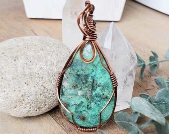 Grand pendentif chrysocolle, pendentif en fil de fer avec pierre de chrysocolle verte, bijoux de printemps, collier en fil de cuivre, idée cadeau fête des mères