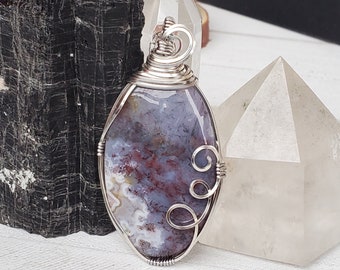 Purple Moss Agate Necklace, Moss Agate Pendant, Wire Wrap Purple Necklace, Unique Stone Pendant for Her, Birthday Gift for Sister, On Sale