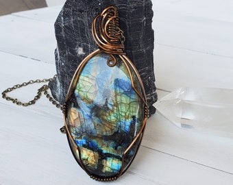 Large Labradorite Necklace, Multi Color Labradorite Wire Wrap Pendant Necklace, Spring Jewelry for Him Her, Large Oval Simple Style Pendant