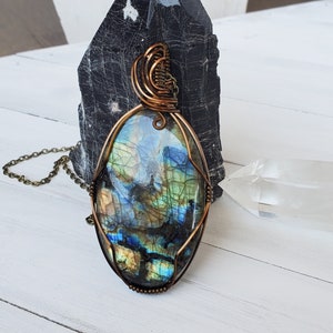 Large Labradorite Necklace, Multi Color Labradorite Wire Wrap Pendant Necklace, Spring Jewelry for Him Her, Large Oval Simple Style Pendant