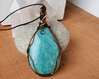 Amazonite Necklace, Teardrop Pendant Wire Wrapping, Blue Necklace for Women, Mothers Day Gift Jewelry, Spring Jewelry, Blue Pendant Her