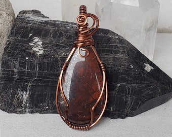 Red Jasper Pendant, Teardrop Copper Wire Wrap Jasper Necklace, Mothers Day Gift, Red Necklace, Red Black Stone Pendant, Gift Ideas for Her