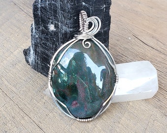 Large Bloodstone Necklace, Spring Jewelry Gift, Unique Wire Wrap Bloodstone Pendant, Green Stone Wire Wrap Pendant, Nature Inspired Gifts