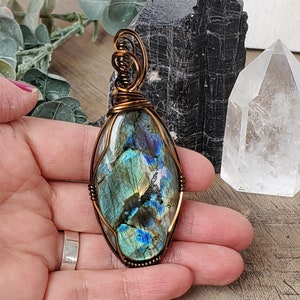 Blue Labradorite Necklace, Mother's Day Necklace, Spring Jewelry, Wire Wrapping Stone Pendant, Green Blue Stone Necklace Wire Wrapped Style image 3