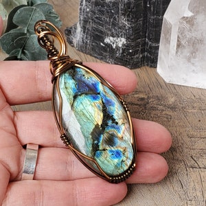 Blue Labradorite Necklace, Mother's Day Necklace, Spring Jewelry, Wire Wrapping Stone Pendant, Green Blue Stone Necklace Wire Wrapped Style image 1