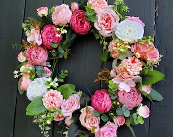 Pink Summer Wreath, Front Door Rose Hydrangea Wreath, Grapevine Wreath Full Floral Artificial Wreath, Feminine Pink and White Rose Wreath