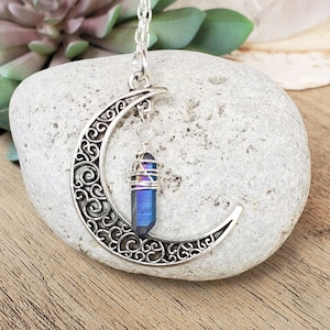 Crystal Moon Celestial Necklace, Spring Celestial Jewelry Gift, Silver Crescent Moon Necklace, Quartz Point Moon Necklace, Wire Wrap Quartz