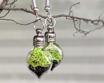 Petites boucles d’oreilles en mousse, boucles d’oreilles Green Moss Nature, cadeau de bijoux nature pour femmes, boucles d’oreilles Terrarium boucles d’oreilles uniques Dainty Dangle Forest