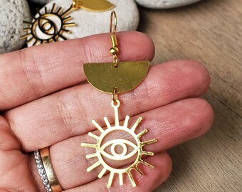 Boho Celestial Brass Sun Moon Dangle Earrings