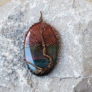 Unique Bloodstone Pendant, Tree of Life Spring Necklace, Wire Wrap Pendant Women's Birthday Gift, Handmade Nature Inspired Spirit Tree Gift image 1