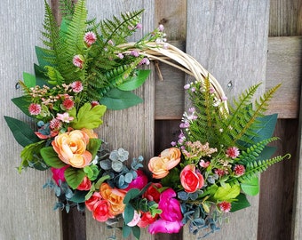 Spring Floral Wreath, Peach Flowers Half Wreath, Small Fern Peach Flower Wreath for Mom, Mother Day Gift Ideas, Gift for Mom Spring Inspired