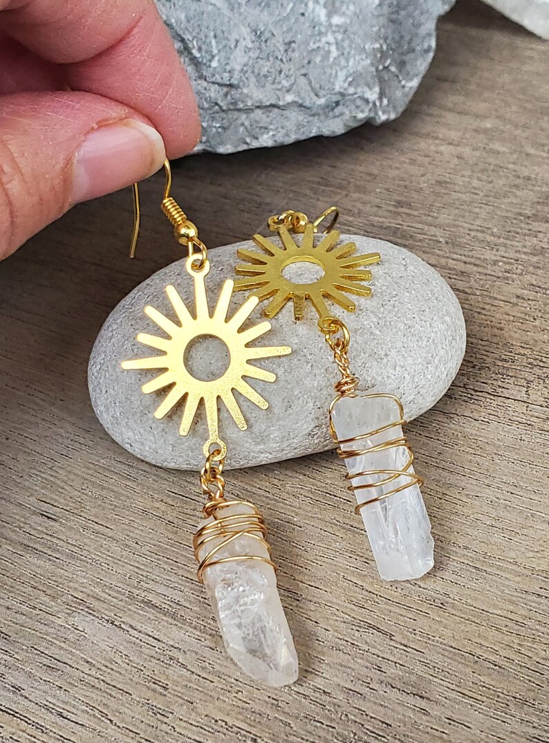 Valentines Day Earrings, Sol Sunshine Earrings for Her, Wire Wrap Brass Crystal Earrings, Long Crystal Point Wire Wrap Boho Jewelry image 1