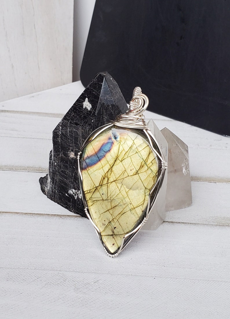 Unique Large Stone Pendant, Labradorite Necklace, Boho Mothers day Gift, Huge Labradorite Pendant, Simple Wire Wrap Teardrop Pendant for Her image 1