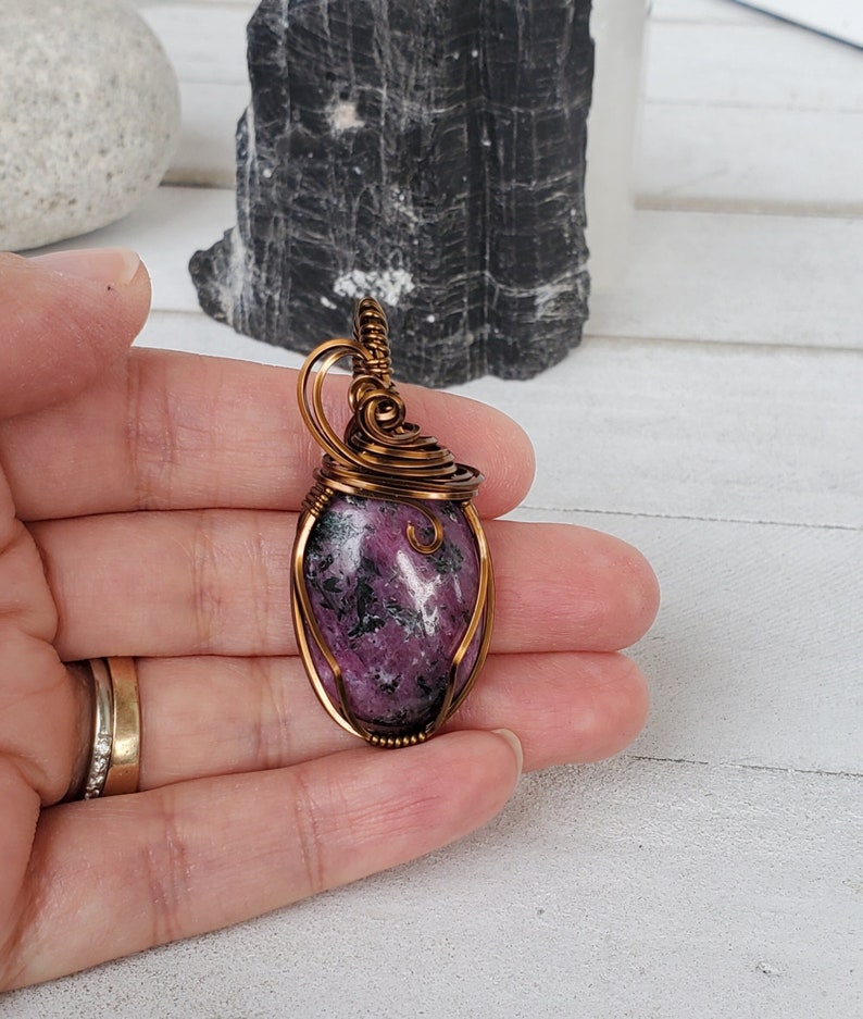 Ruby in Zoiszite Pendant, Small Ruby Zoiszite Wire Wrap Pendant for Her, Spring Jewelry Mothers Day Gift, Pink Black Stone Necklace For Her image 1