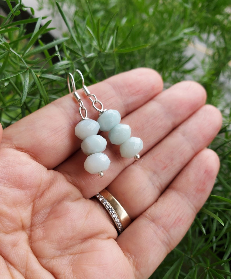 Amazonite Earrings, Valentines Day Earrings, Dangle Amazonite Earrings for Women, Valentines Gift for Her, Small Three Stone Earrings Mint image 5