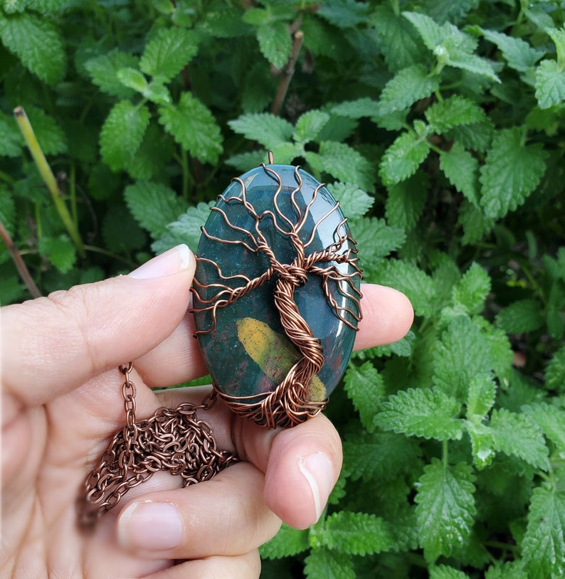 Bloodstone Necklace, Tree of Life Bloodstone Necklace, Spring Inspired Jewelry Gift, Tree Wire Necklace in Brass, Wire Wrap Bloodstone Tree image 1