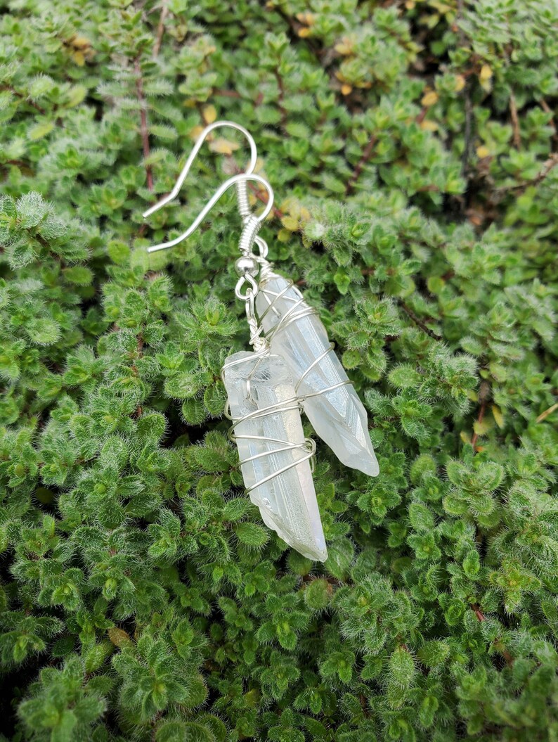 Simple White Crystal Earrings, Aura Quartz Earrings, Wire Wrap Quartz Point Earrings, Crystal Point Wire Wrap Earrings for Sister or Wife image 1