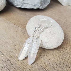 Simple White Crystal Earrings, Aura Quartz Earrings, Wire Wrap Quartz Point Earrings, Crystal Point Wire Wrap Earrings for Sister or Wife image 2