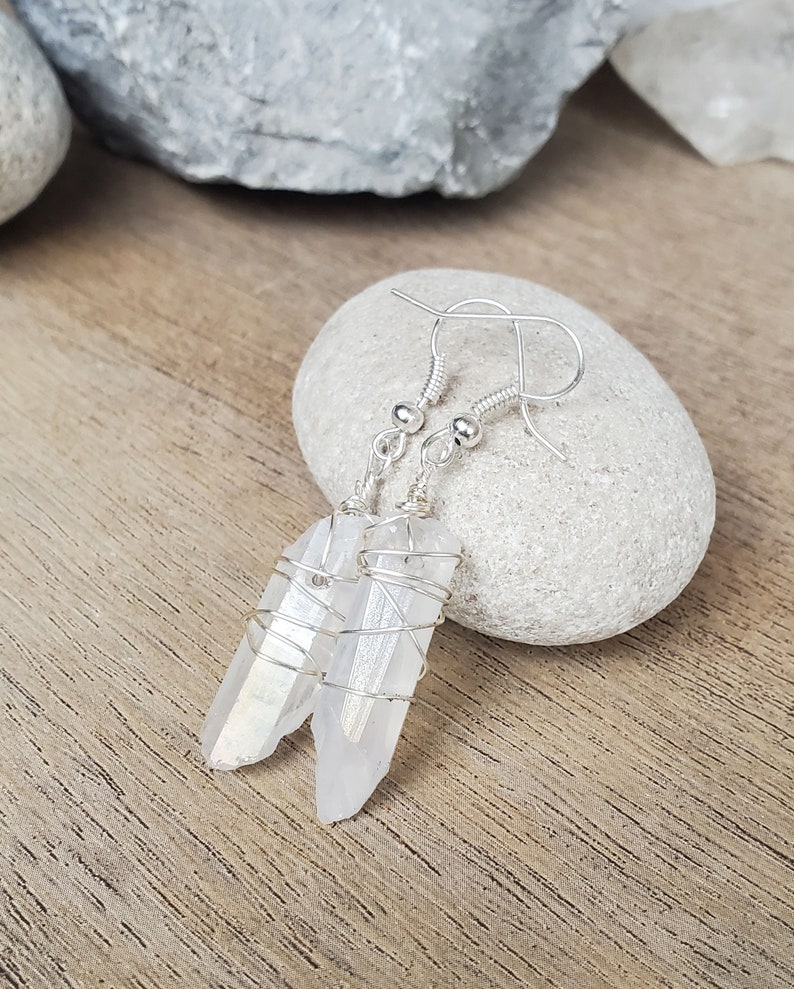 Simple White Crystal Earrings, Aura Quartz Earrings, Wire Wrap Quartz Point Earrings, Crystal Point Wire Wrap Earrings for Sister or Wife image 2