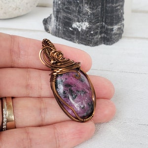 Ruby in Zoiszite Pendant, Small Ruby Zoiszite Wire Wrap Pendant for Her, Spring Jewelry Mothers Day Gift, Pink Black Stone Necklace For Her image 2