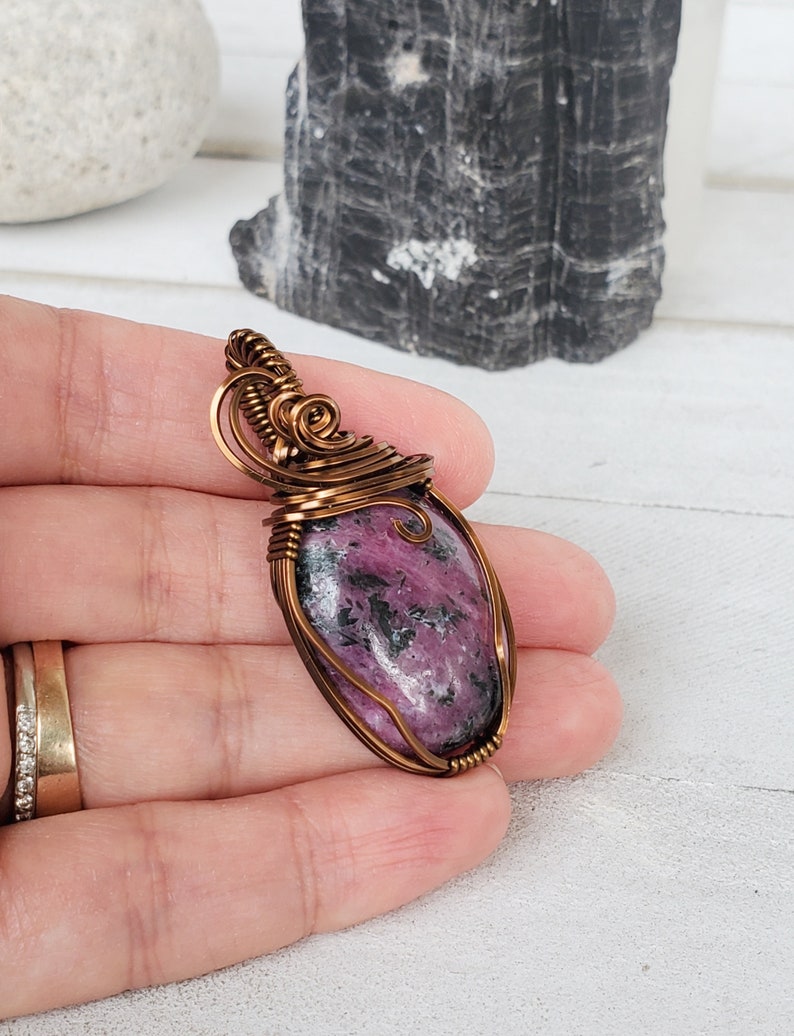 Ruby in Zoiszite Pendant, Small Ruby Zoiszite Wire Wrap Pendant for Her, Spring Jewelry Mothers Day Gift, Pink Black Stone Necklace For Her image 2