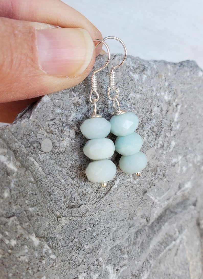 Amazonite Earrings, Valentines Day Earrings, Dangle Amazonite Earrings for Women, Valentines Gift for Her, Small Three Stone Earrings Mint image 4