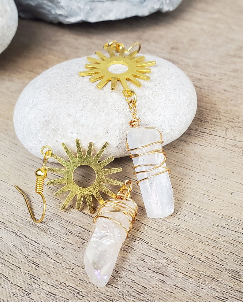 Valentines Day Earrings, Sol Sunshine Earrings for Her, Wire Wrap Brass Crystal Earrings, Long Crystal Point Wire Wrap Boho Jewelry image 6