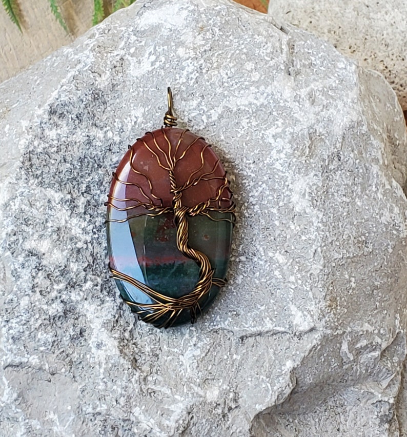 Unique Bloodstone Pendant, Tree of Life Spring Necklace, Wire Wrap Pendant Women's Birthday Gift, Handmade Nature Inspired Spirit Tree Gift image 1