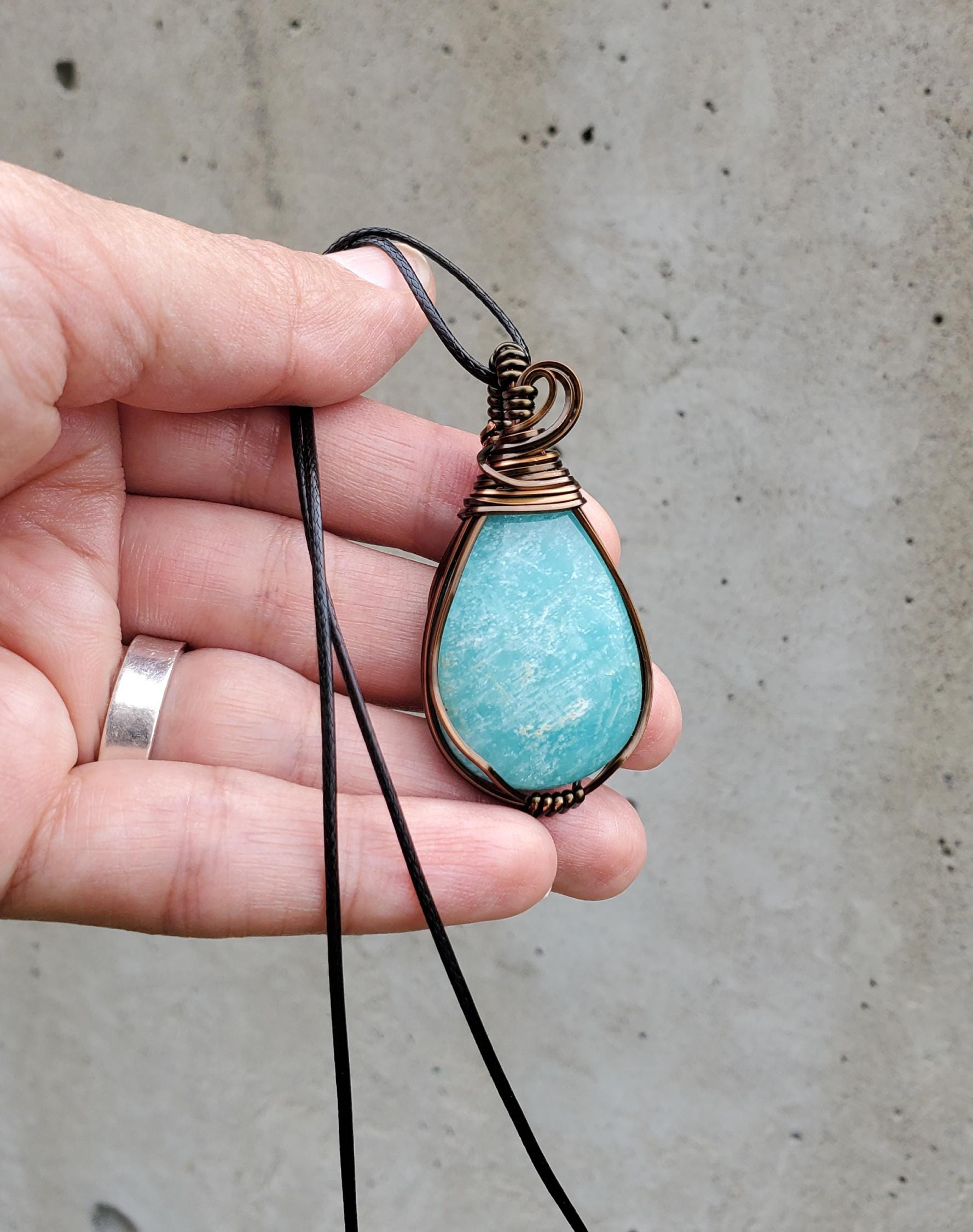 Amazonite Wire Wrap Necklace, Calm Blue Sheen Stone Pendant