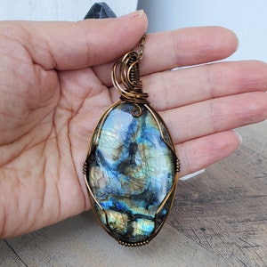 Large Labradorite Necklace, Multi Color Labradorite Wire Wrap Pendant Necklace, Spring Jewelry for Him Her, Large Oval Simple Style Pendant image 2