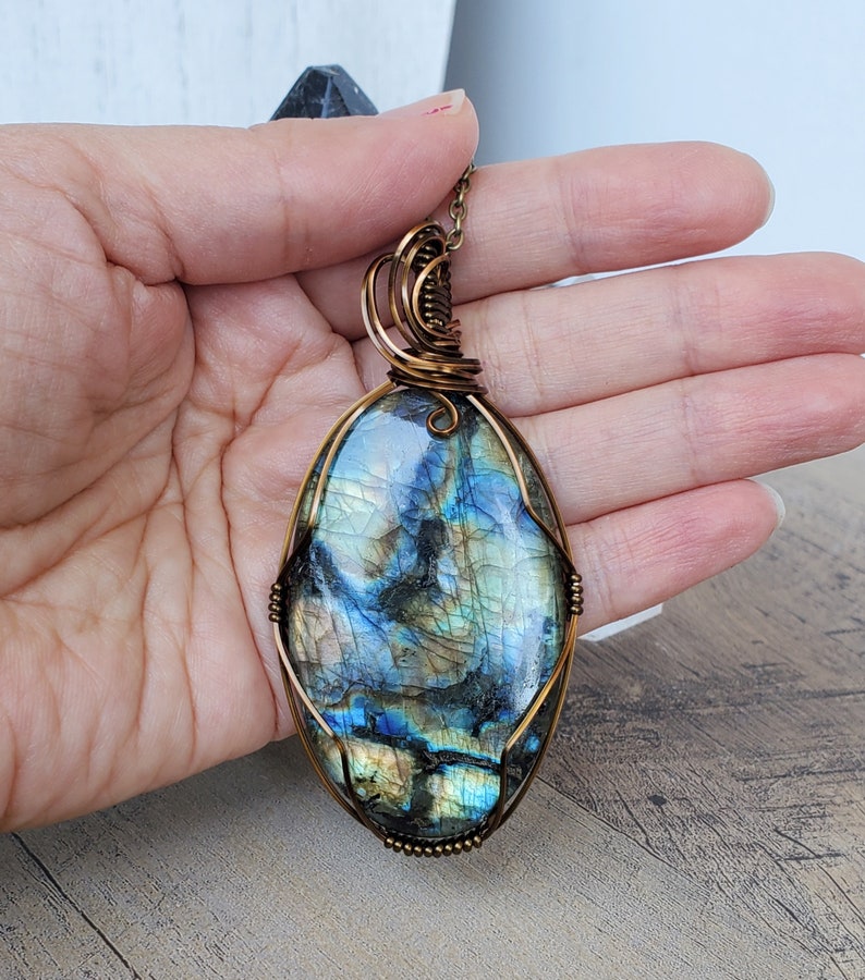 Large Labradorite Necklace, Multi Color Labradorite Wire Wrap Pendant Necklace, Spring Jewelry for Him Her, Large Oval Simple Style Pendant image 2