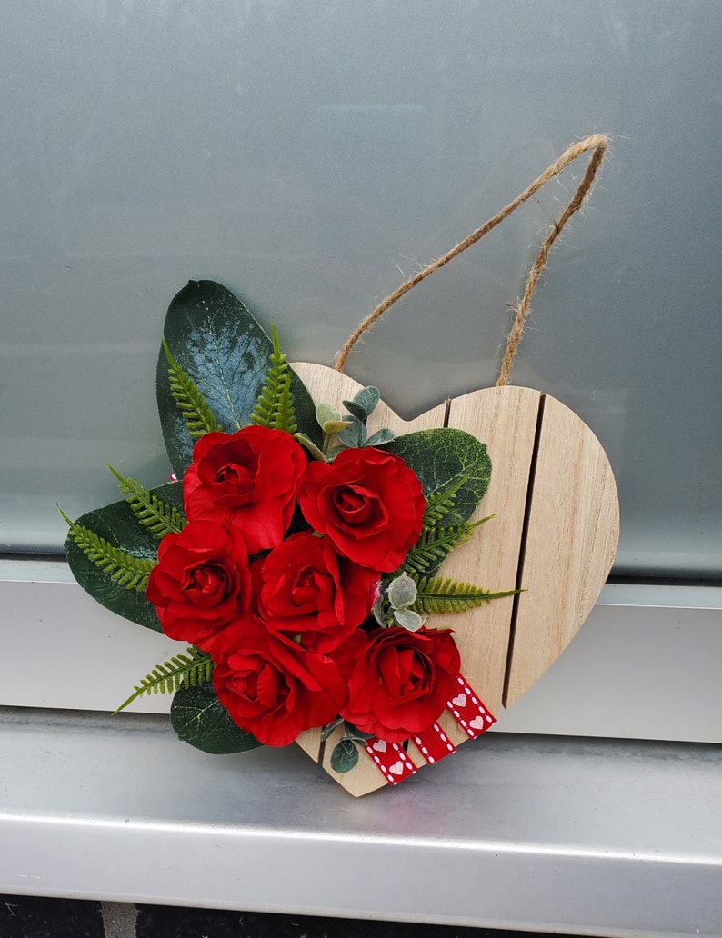 Spring Flower Gifts, Red Rose Floral Door Hanger, Mothers Day Gift, Floral Decorative Heart Shape Decor, Country Farmhouse Rose Heart Decor image 4