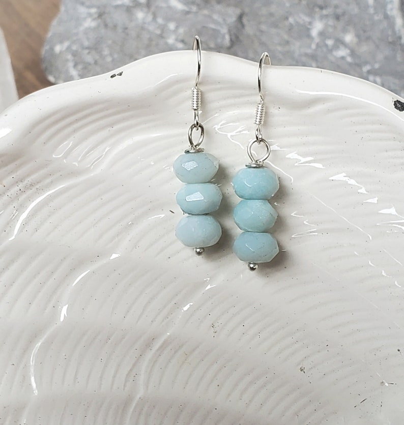 Amazonite Earrings, Valentines Day Earrings, Dangle Amazonite Earrings for Women, Valentines Gift for Her, Small Three Stone Earrings Mint image 3