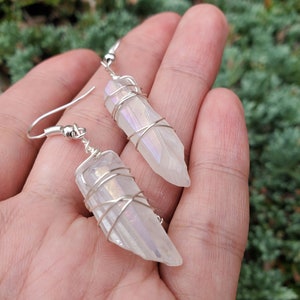 Simple White Crystal Earrings, Aura Quartz Earrings, Wire Wrap Quartz Point Earrings, Crystal Point Wire Wrap Earrings for Sister or Wife image 5