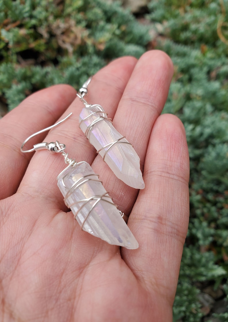 Simple White Crystal Earrings, Aura Quartz Earrings, Wire Wrap Quartz Point Earrings, Crystal Point Wire Wrap Earrings for Sister or Wife image 5