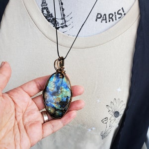 Large Labradorite Necklace, Multi Color Labradorite Wire Wrap Pendant Necklace, Spring Jewelry for Him Her, Large Oval Simple Style Pendant image 7