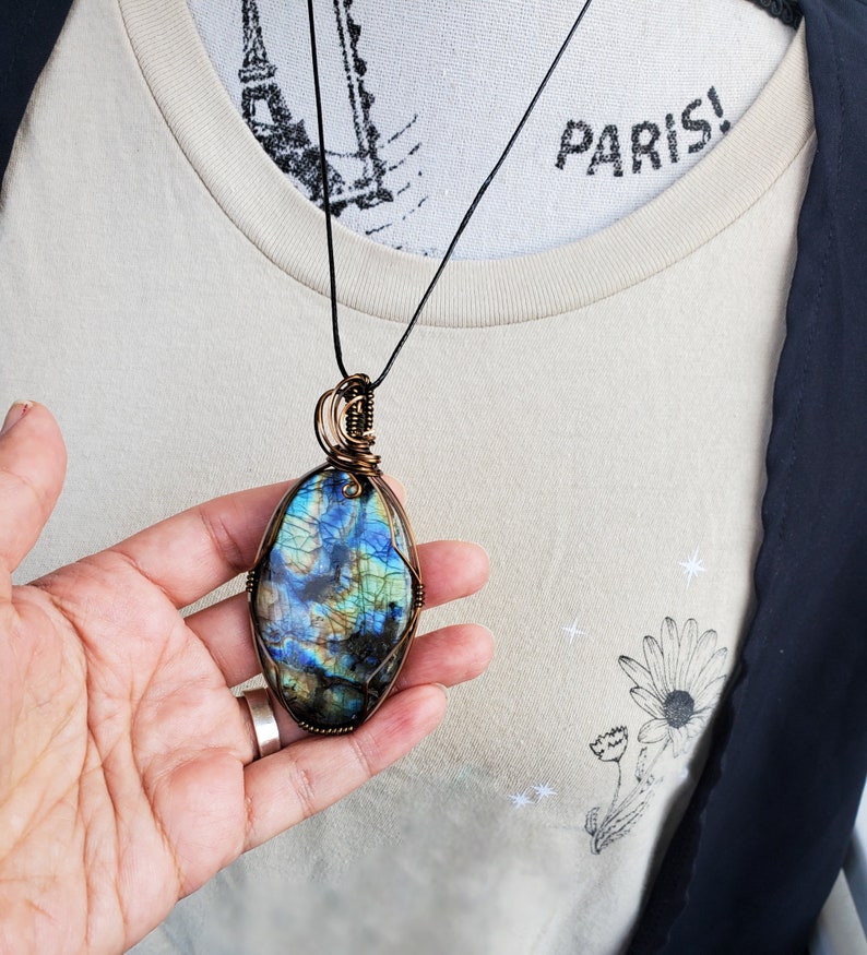 Large Labradorite Necklace, Multi Color Labradorite Wire Wrap Pendant Necklace, Spring Jewelry for Him Her, Large Oval Simple Style Pendant image 7