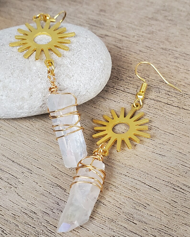 Valentines Day Earrings, Sol Sunshine Earrings for Her, Wire Wrap Brass Crystal Earrings, Long Crystal Point Wire Wrap Boho Jewelry image 3